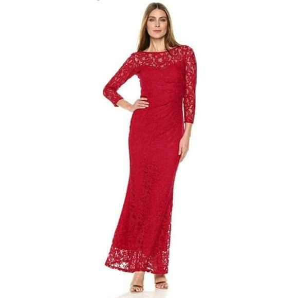 MARINA Dresses & Skirts - Red Sparkle Lace Gown Long Sleeve Fit and Flare Holiday Dress Glam Modest Dress